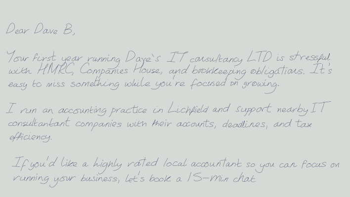 An example handwritten letter to a client.